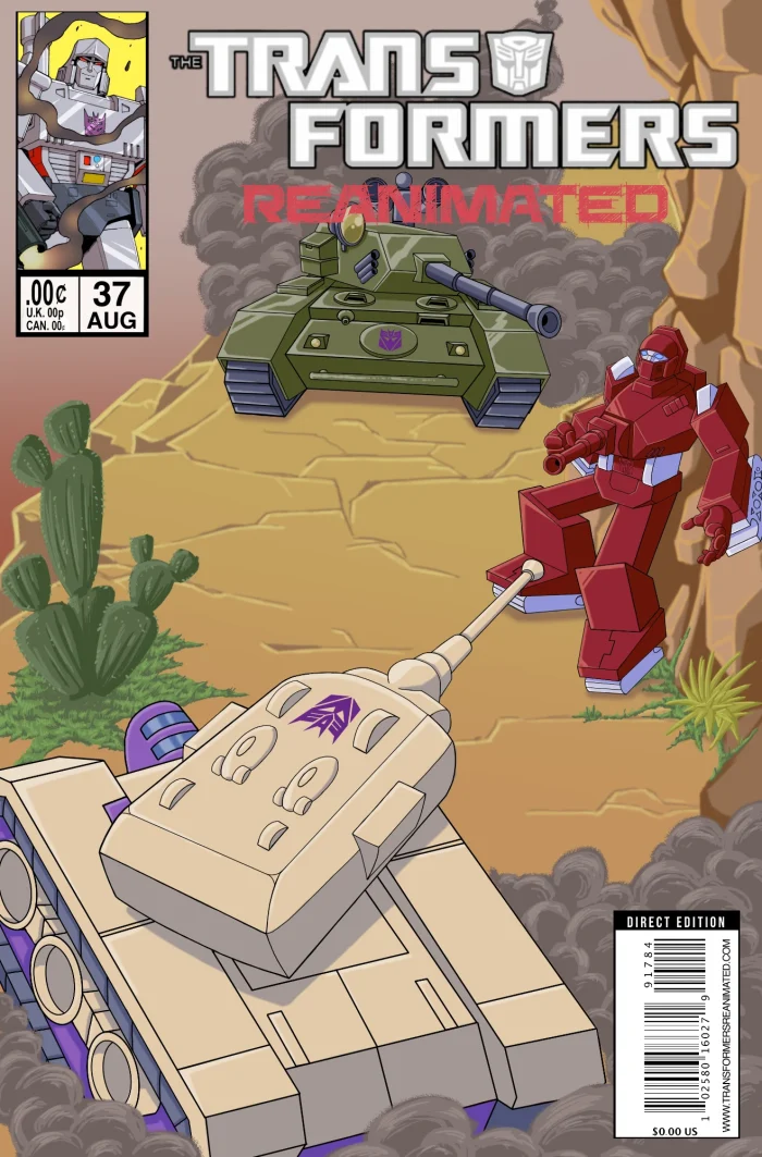 Transformers comic cover with Decepticon Tanks ready to fire upon Warpath