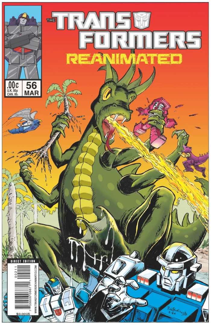Transformers comic cover with a giant Ick Yak stomping around a jungle as the Jumpstarters run in fear