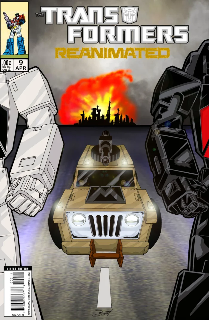 Transformers comic cover with Outback driving toward the reader