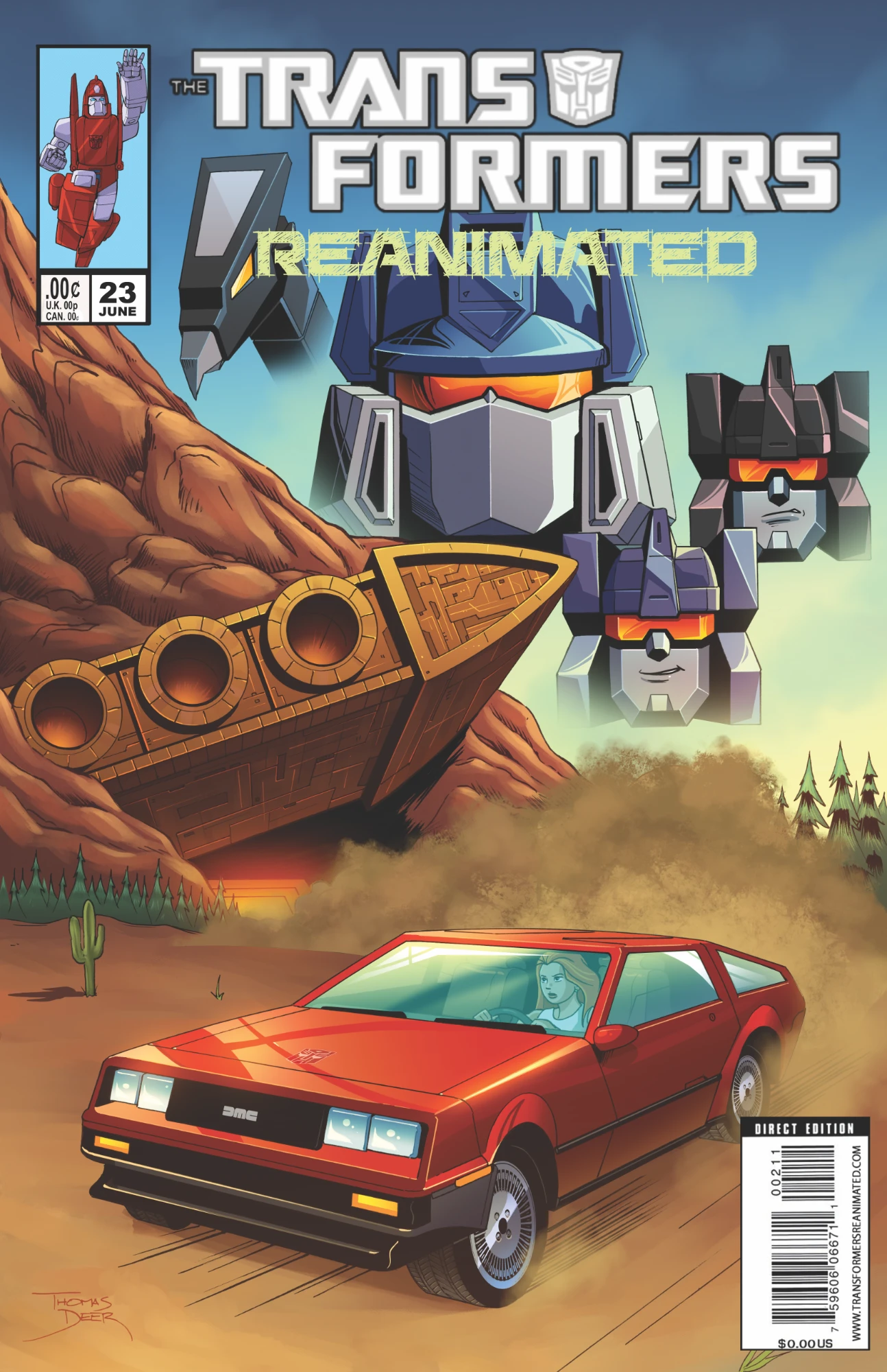 Transformers comic cover a read DeLorean speeding past the Autobot Ark with the heads of Soundwave Rumble Frenzy and Laserbeak floating in the sky behind them