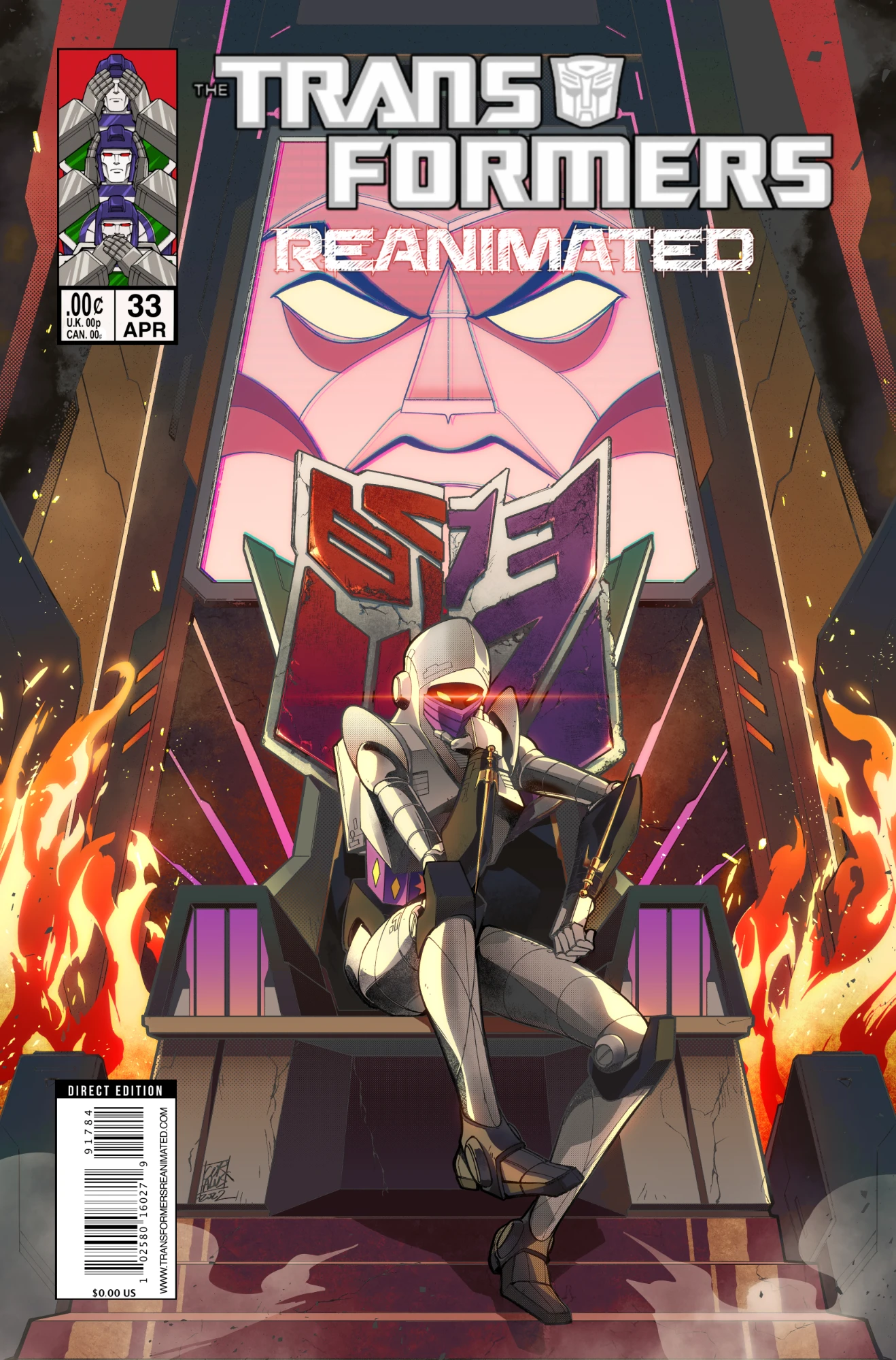 Transformers comic cover with Nightbird sitting on a thrown around flames
