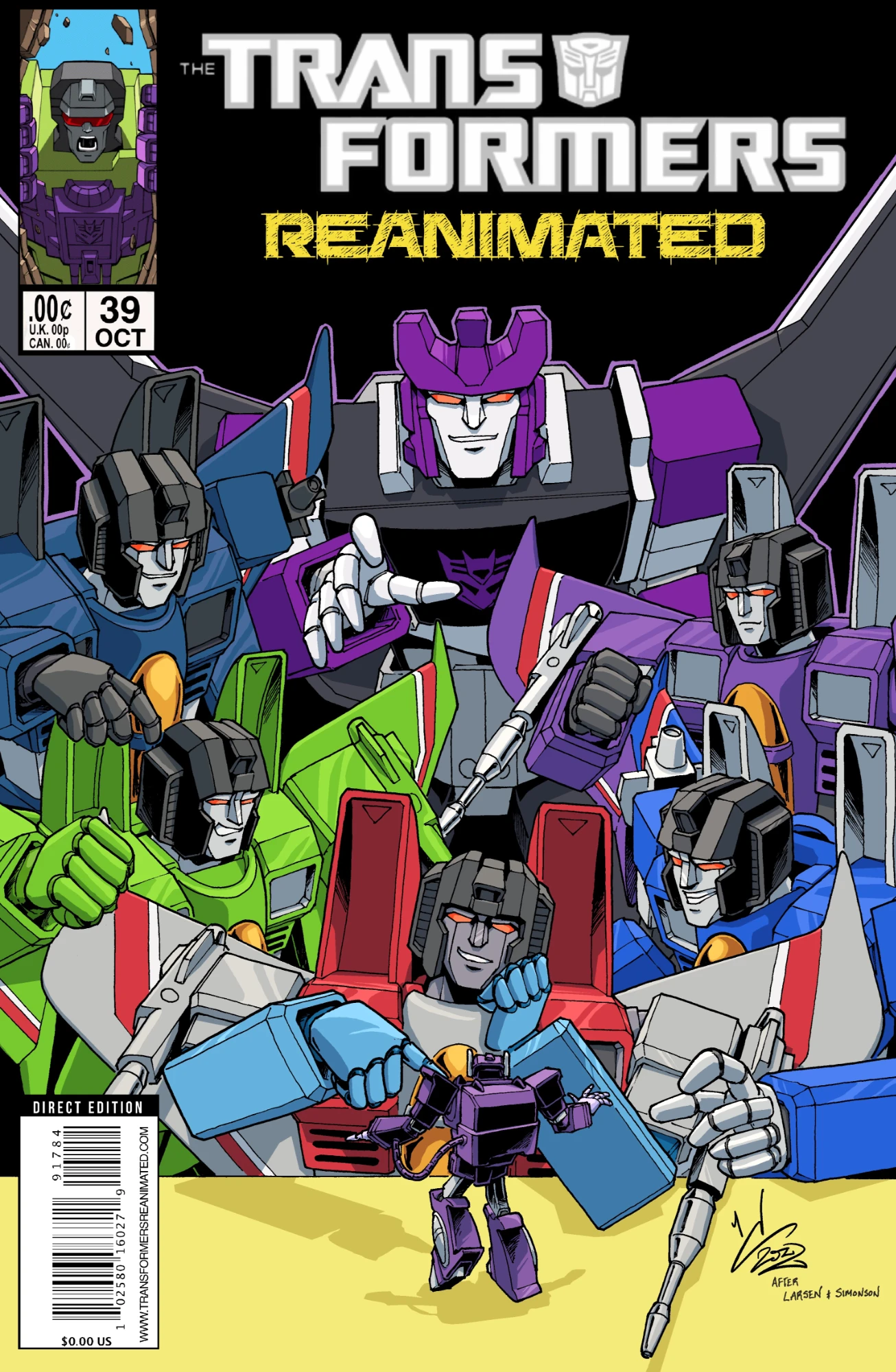 Transformers comic cover with Starscream poking a small Shockwave