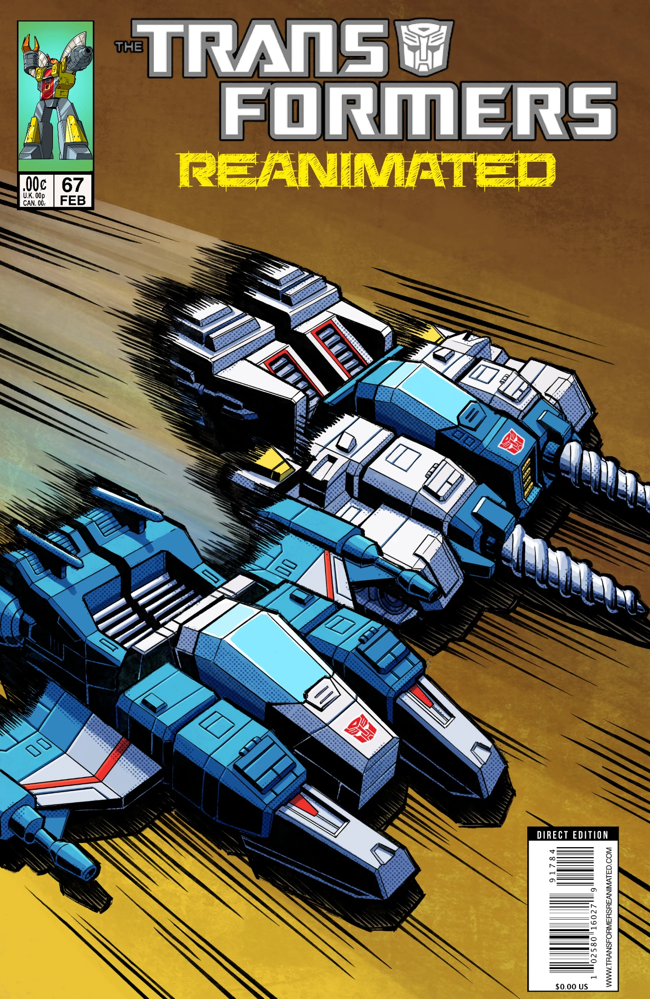 Comic book cover for Transformers REANIMATED issue 67 with the Jumpstarters, Top Spin and Twin Twist racing on a road.