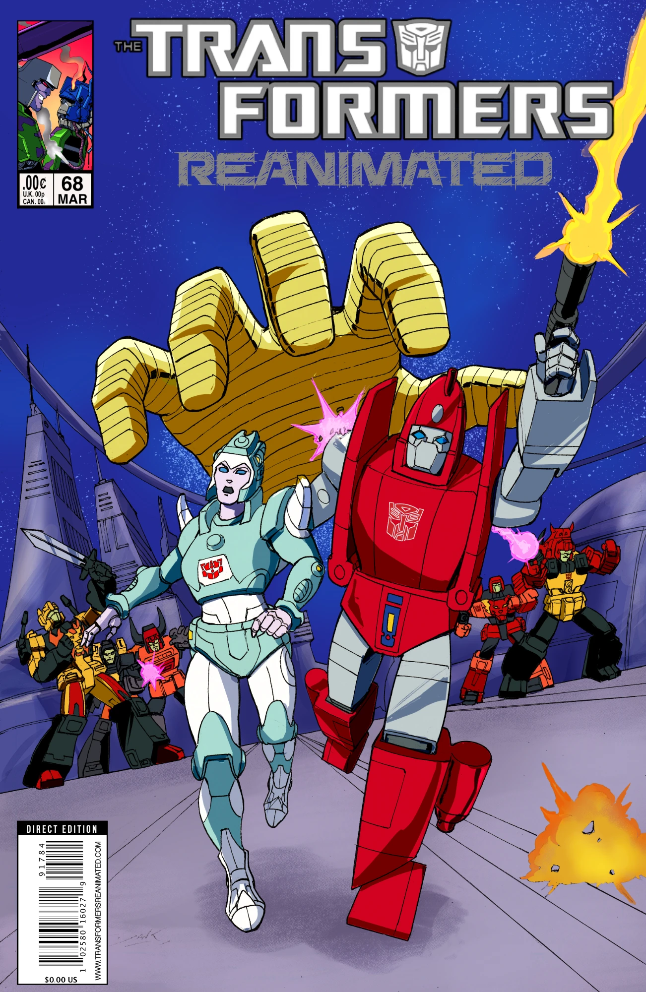 Transformers REANIMATED Cover for issue 68 featuring Autobot's Moonracer and Powerglide running away from attacking Predicons and the giant hand of jhiaxus.